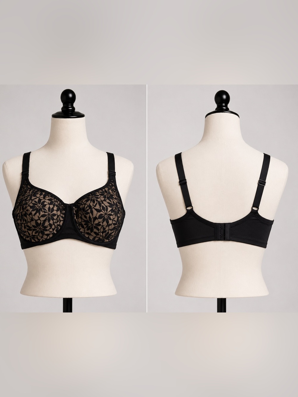 Olga Black Lace Underwire Bra 36DD Full Coverage Unlined Classic Bundle‎